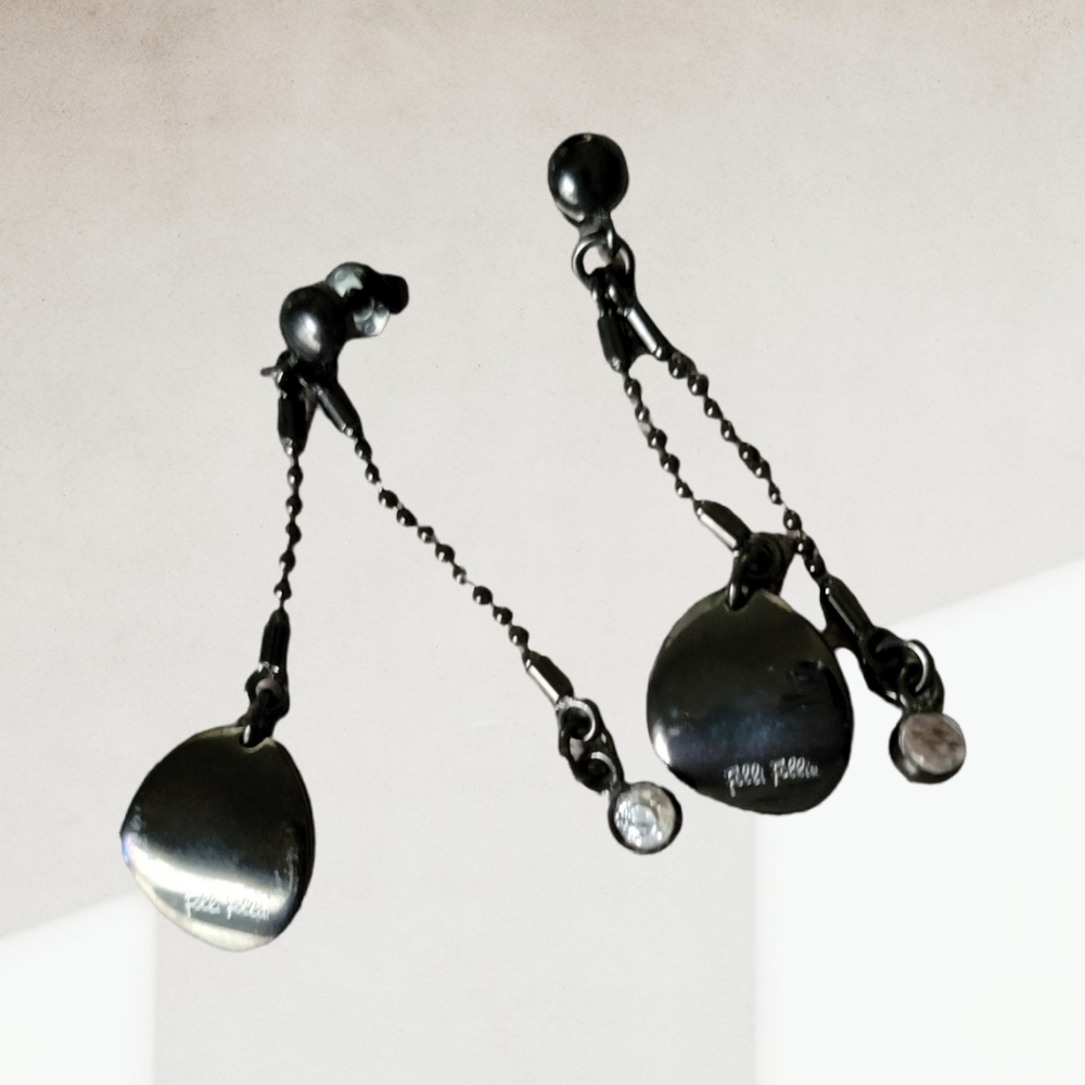 FOLLI FOLLIE| BLACK ENAMEL DANGLE EARRINGS W/ RHINESTONE DROPS